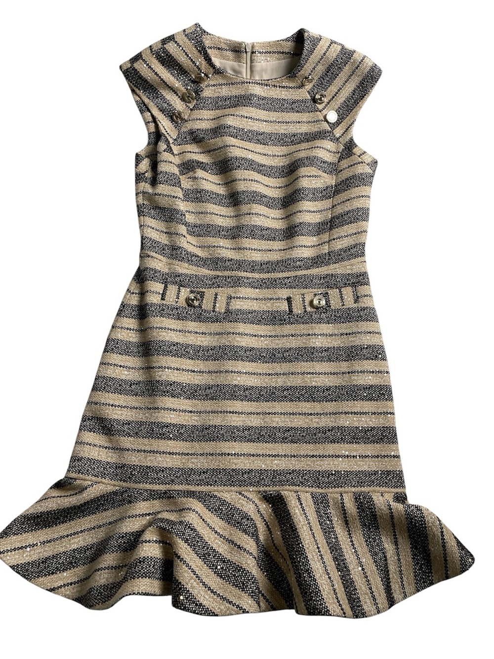 Karen Millen Tailored Striped Tweed Button Detail Cap Sleeve Mini Dress